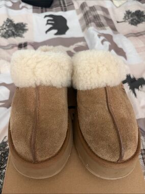 UGG Chestnut Suede Shearling Slide Slippers with Cream Cuff